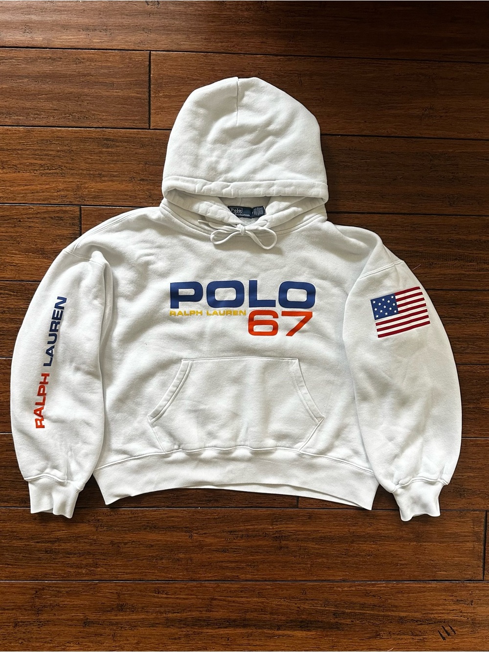 Polo Ralph Lauren White Hoodie Womens Size M Preppy Flag Logo Fleece 67 American